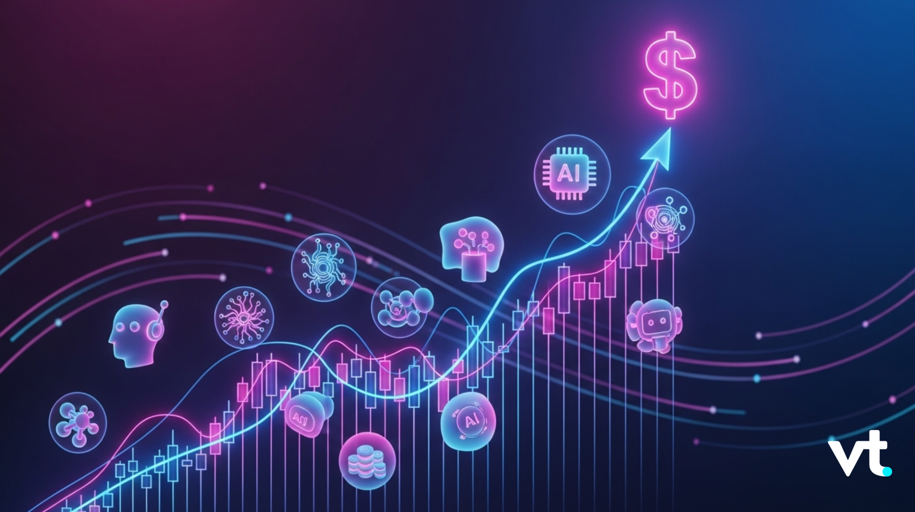 Neon finance illustration: upward trending chart and candles toward a glowing dollar sign, with AI chip and tech icons in a dark gradient background.