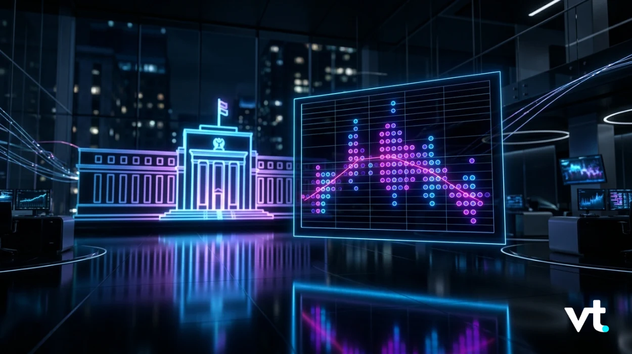 Futuristic control room at night with a neon holographic stock chart beside a glowing classical government-building projection; VT logo bottom-right.