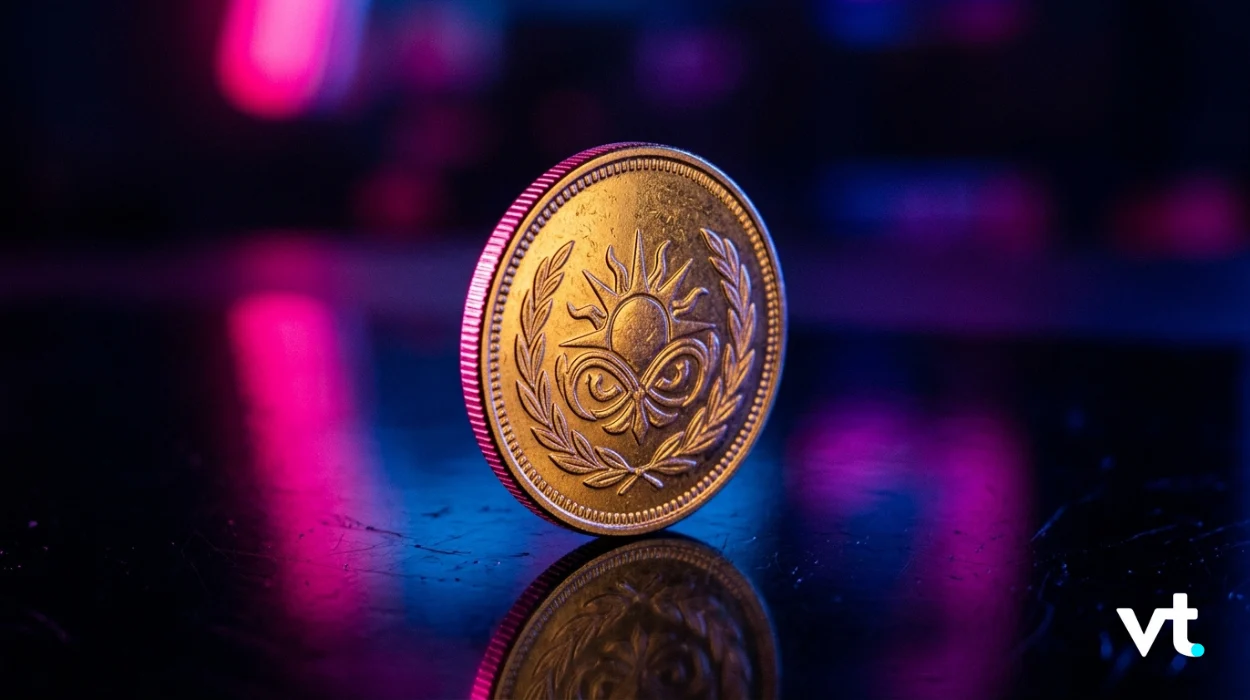 Gold coin standing on its edge on a reflective black surface with pink and blue neon lighting; reflection visible; VT logo bottom-right.