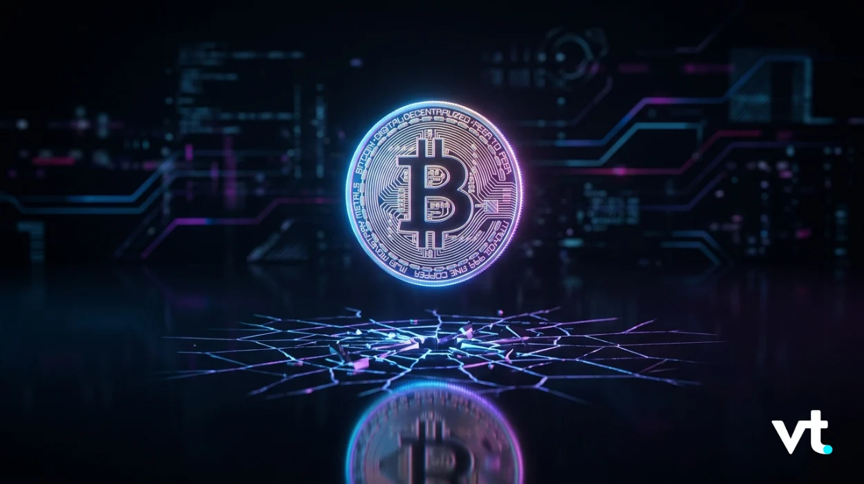 Glowing Bitcoin coin hovering above a neon circuitry background with reflections on the dark surface.