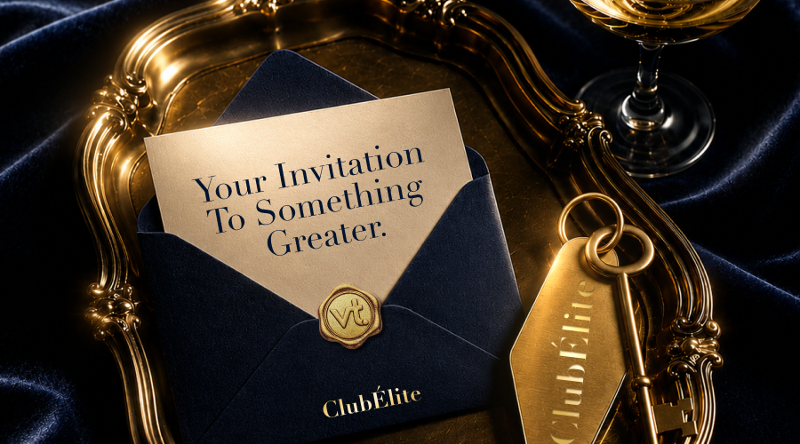 Luxurious invitation on a gold-trimmed tray: navy envelope with a card reading 'Your Invitation To Something Greater,' a ClubElite seal, and a gold key with a ClubElite tag.