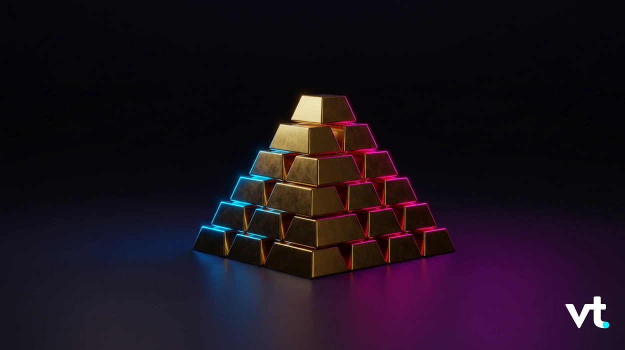 Pyramid of stacked gold bars illuminated with blue and pink neon edges on a dark background with a VT watermark in the corner.
