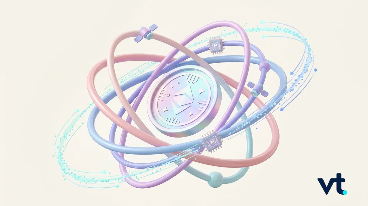 Abstract sci-tech artwork showing a central circular device surrounded by colorful orbital loops and small chips, symbolizing technology and innovation (VT logo bottom right).