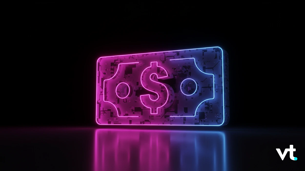 Neon pink-and-blue dollar bill outline with a circuit pattern, glowing on a dark background with the VT logo in the lower-right corner.