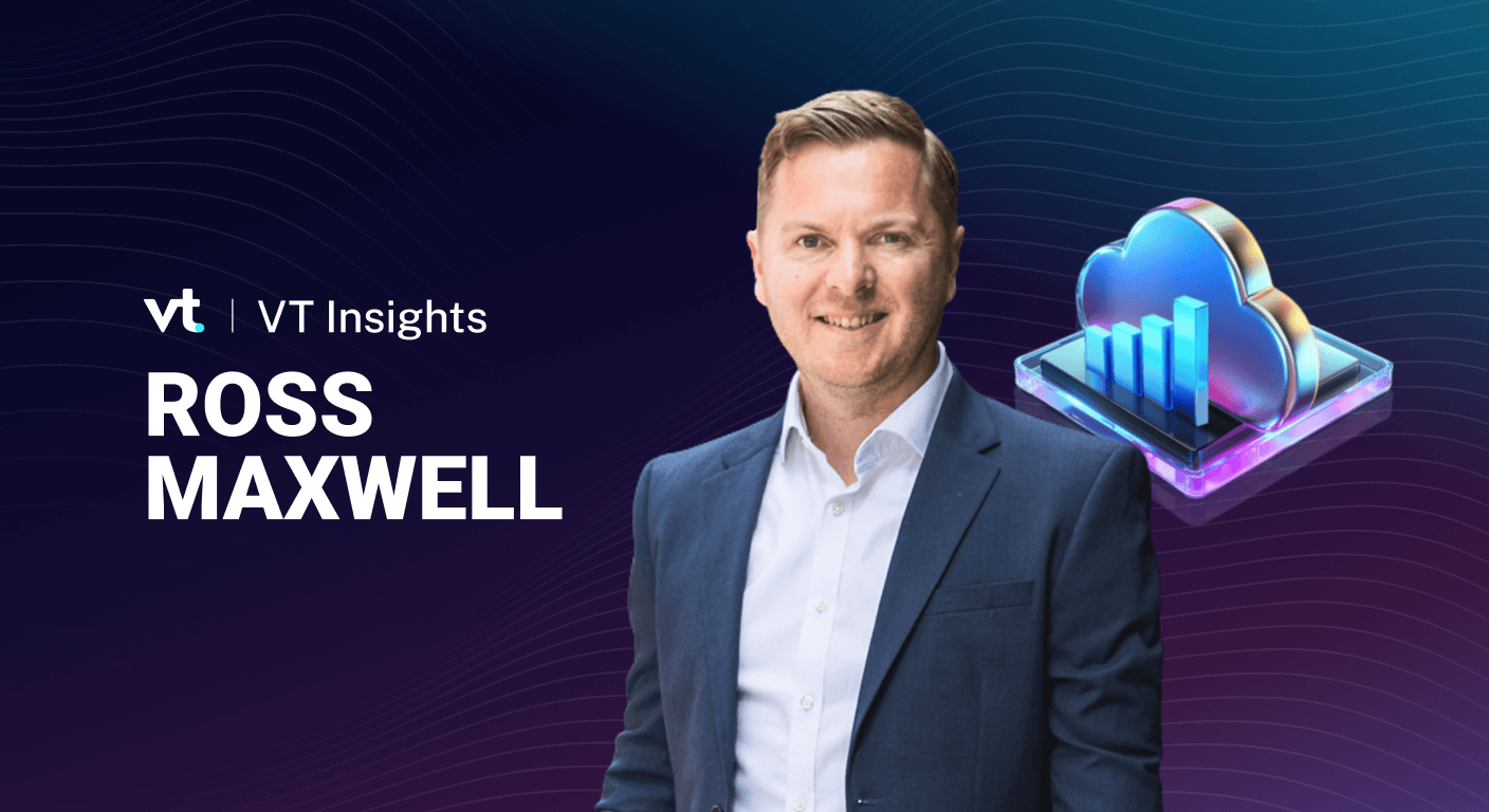 Ross Maxwell in a navy suit beside the VT Insights logo, with a futuristic cloud and bar-chart icon on the right against a blue gradient background.