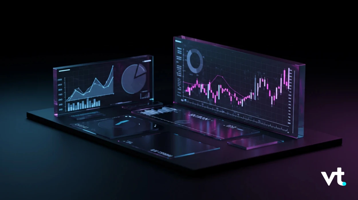 Futuristic translucent screens displaying blue and purple analytics graphs on a dark desk, with a VT logo in the bottom-right corner.