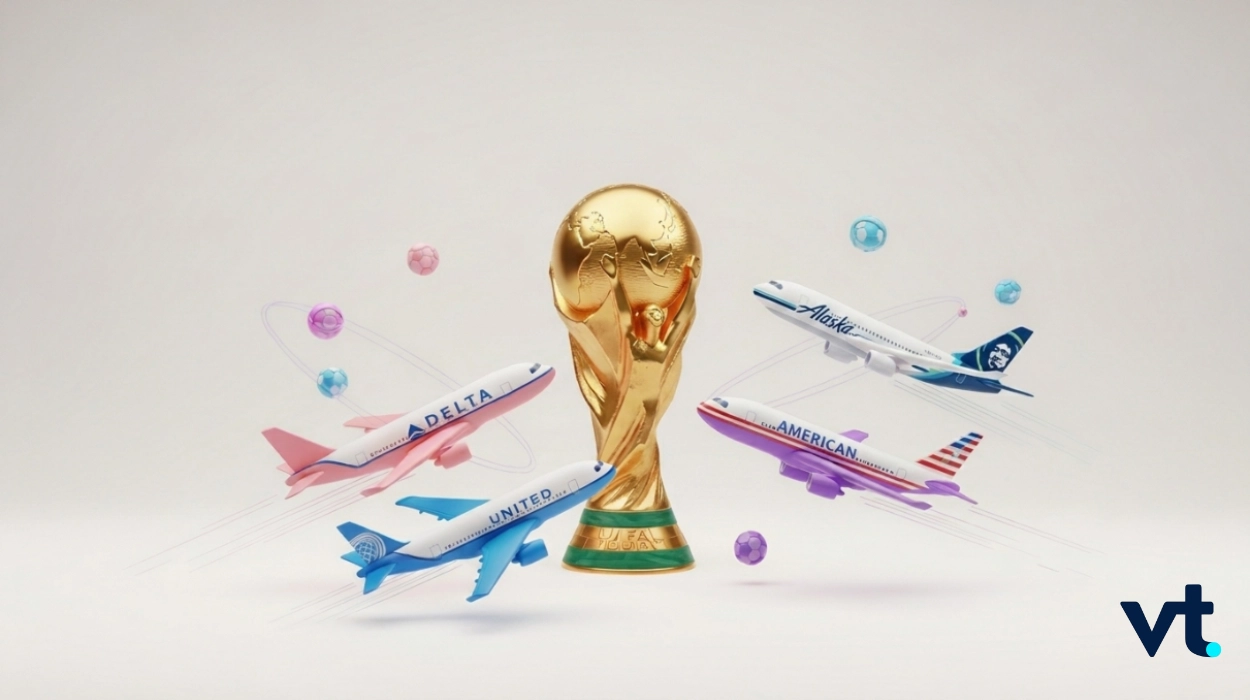 World Cup trophy surrounded by colorful airplanes from major airlines, with a VT logo in the bottom right corner.