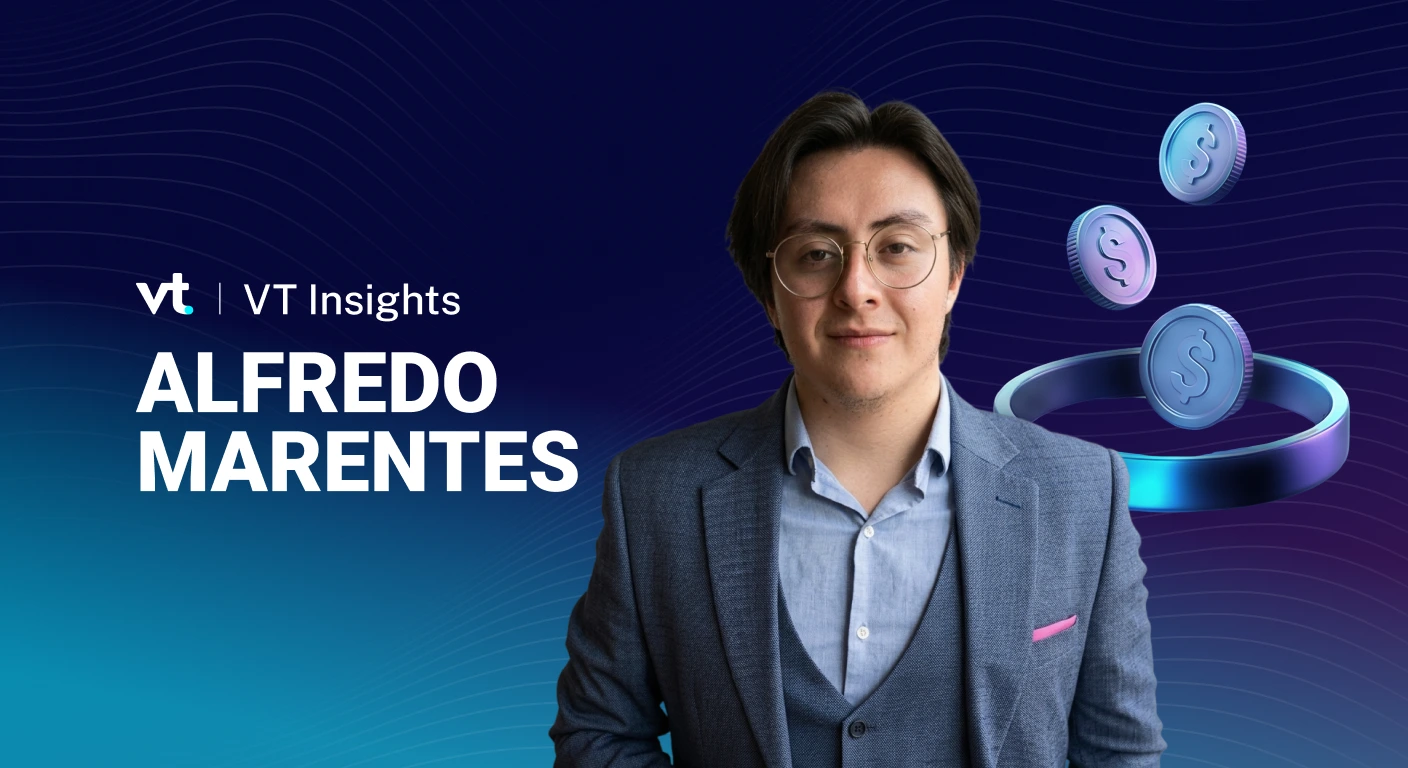 Promotional banner for VT Insights featuring Alfredo Marentes, a man in a blue blazer, with floating coins on a blue gradient background.
