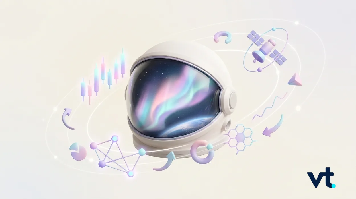 Astronaut helmet with colorful aurora reflection surrounded by sci-tech icons, VT logo bottom right, conveying futuristic technology.