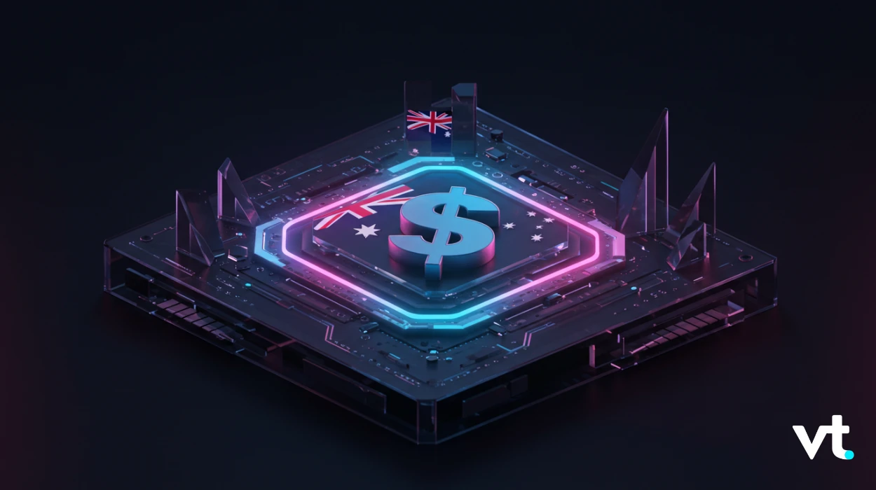 Futuristic circuit board with a glowing pink-blue hexagonal ring around a dollar symbol; Australian flag in the background, VT logo bottom-right.