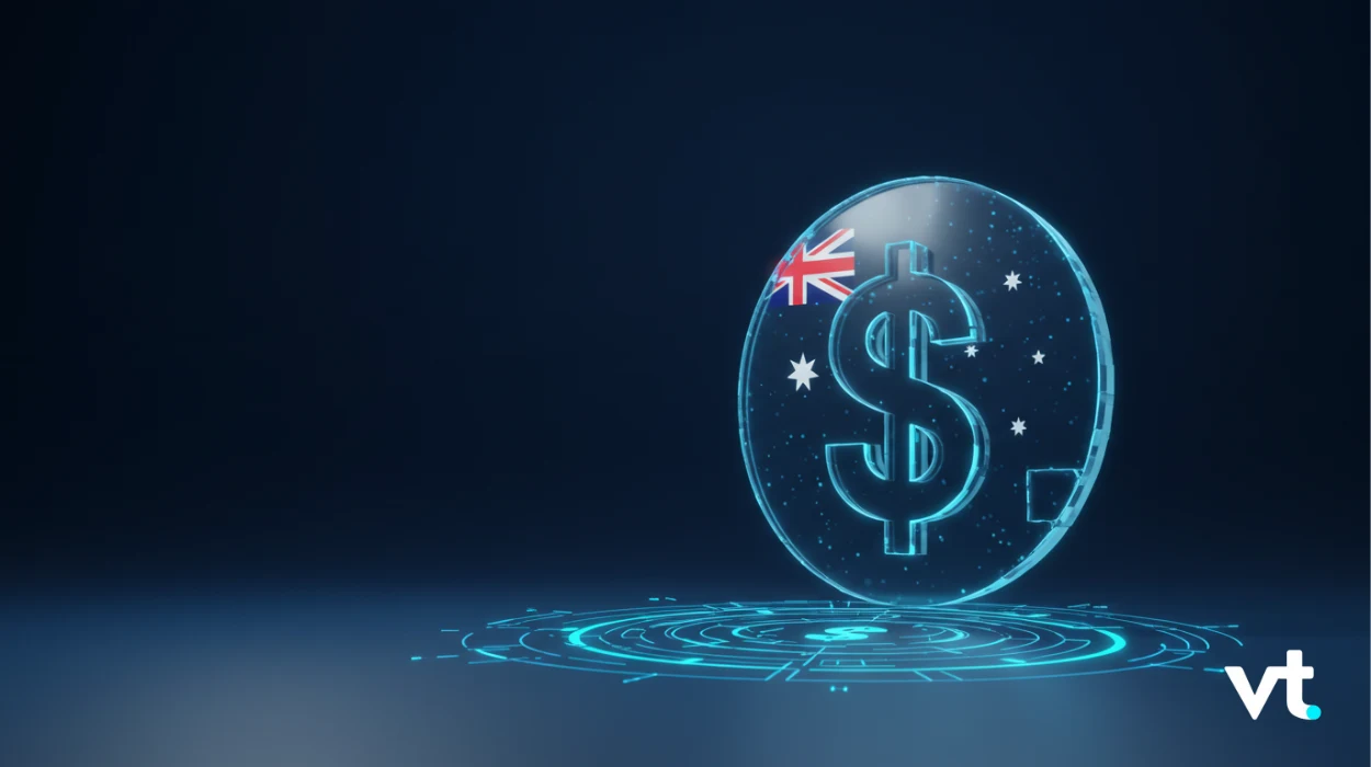 Glowing blue digital coin with a dollar sign and an Australian flag, hovering above a holographic circular platform.