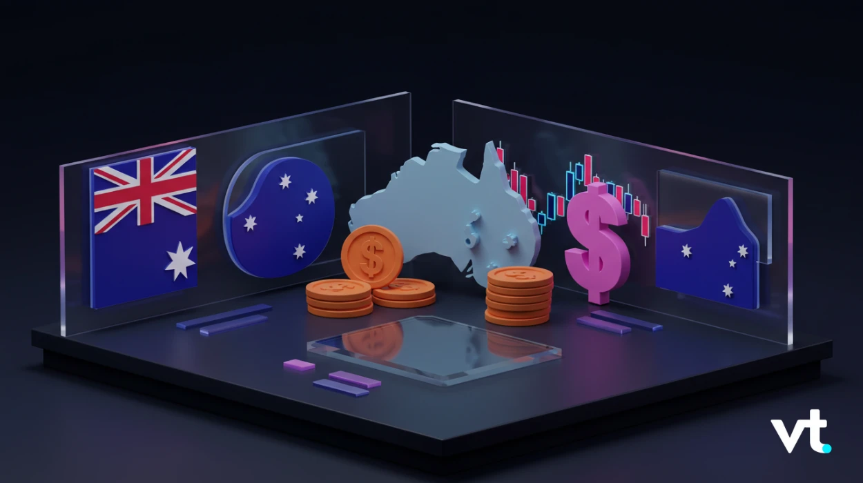 3D illustration of Australia's economy with the flag, map, coins, dollar sign, and stock charts shown in glass panels behind a display base.