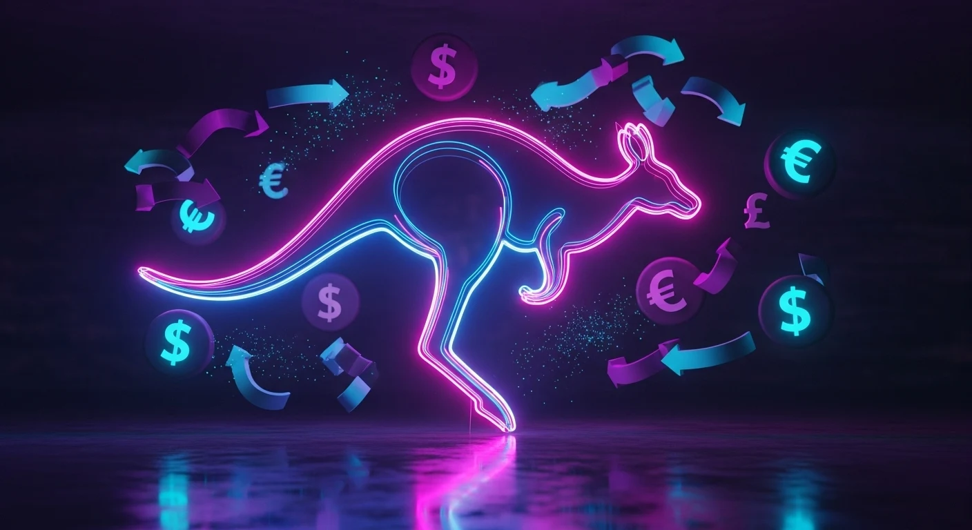 Neon outline of a kangaroo with glowing pink and blue lines, surrounded by currency symbols and arrows, signaling dynamic finance or Australian markets.