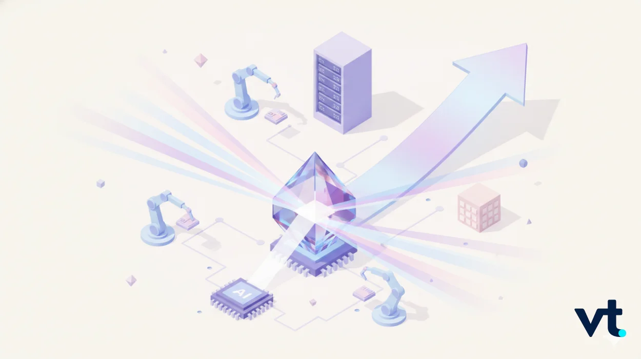 Abstract tech illustration: a central crystal, robotic arms, a server, and an upward arrow signaling growth or progress in AI/automation (VT logo in corner).”,
