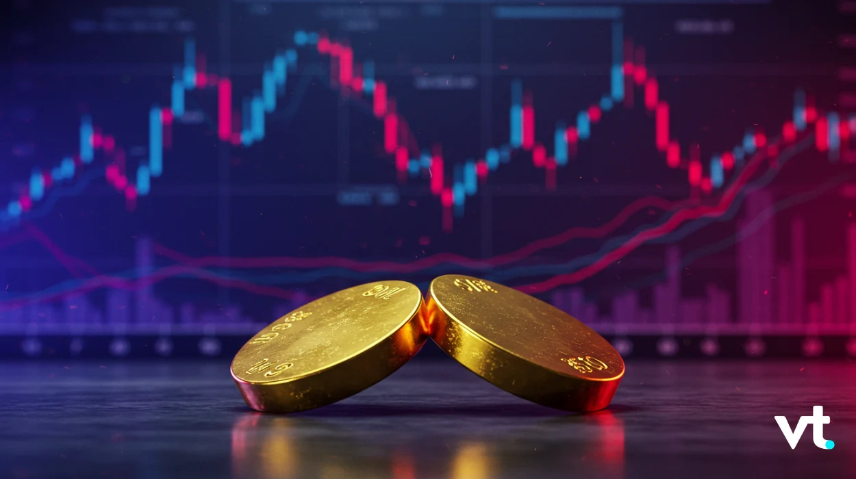 Two gold coins resting on a reflective surface with a colorful stock market chart in the blurred background.