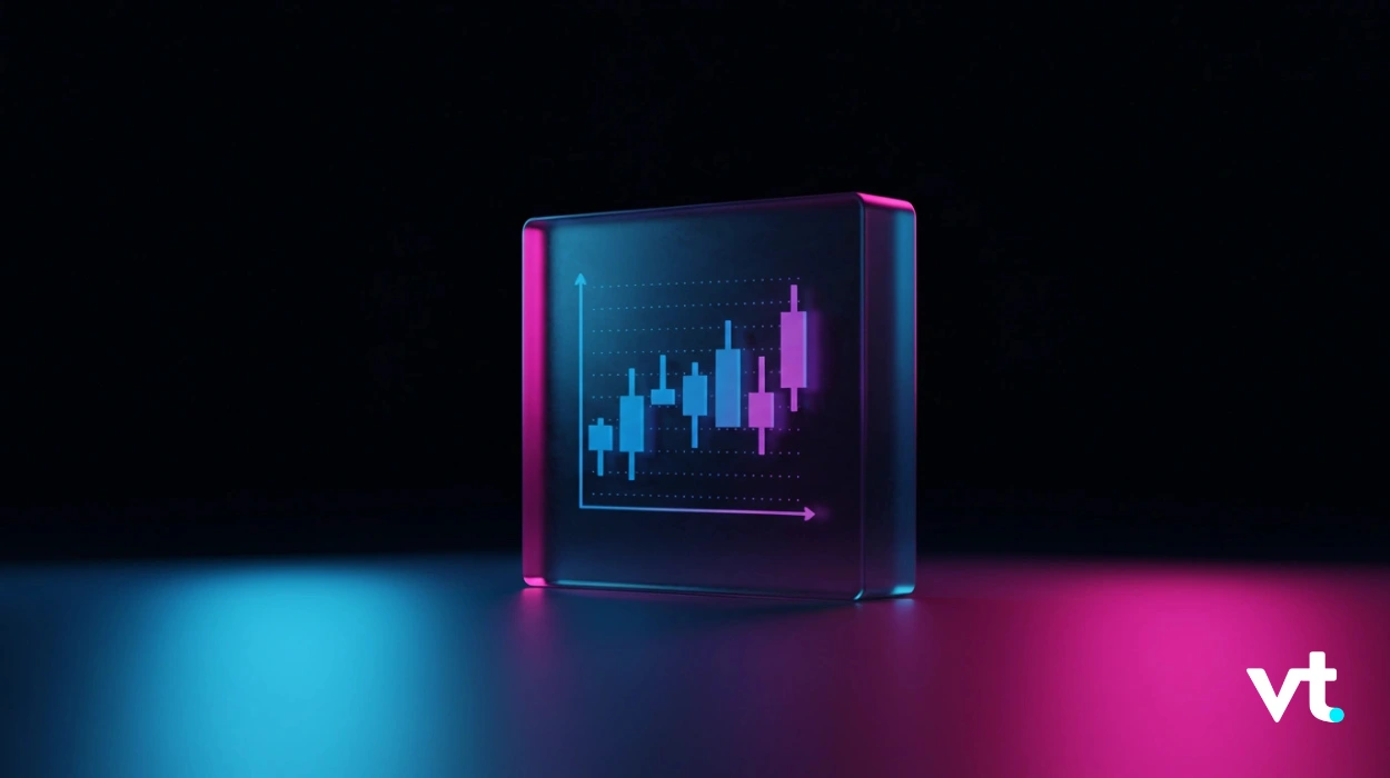Neon-lit glass cube displaying a blue-purple candlestick chart with a VT logo in the bottom-right corner.