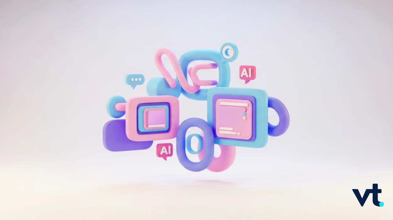 Abstract 3D pink, blue, and purple shapes forming AI and chat icons, suggesting artificial intelligence and digital tech (VT logo bottom right).