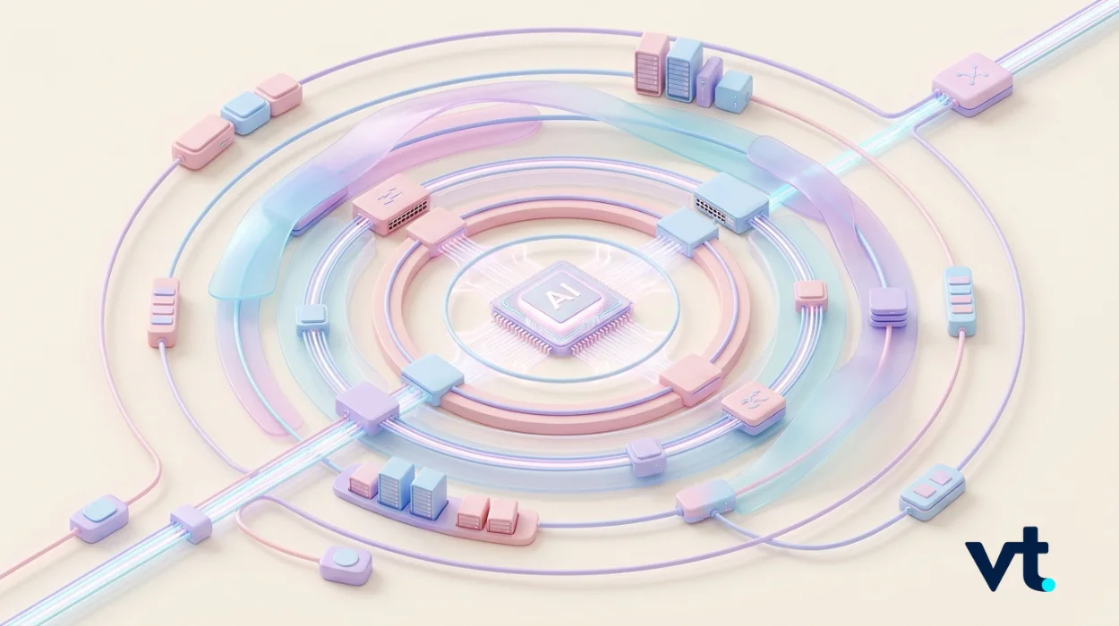 Pastel 3D rings and blocks orbiting a central AI chip, symbolizing artificial intelligence.