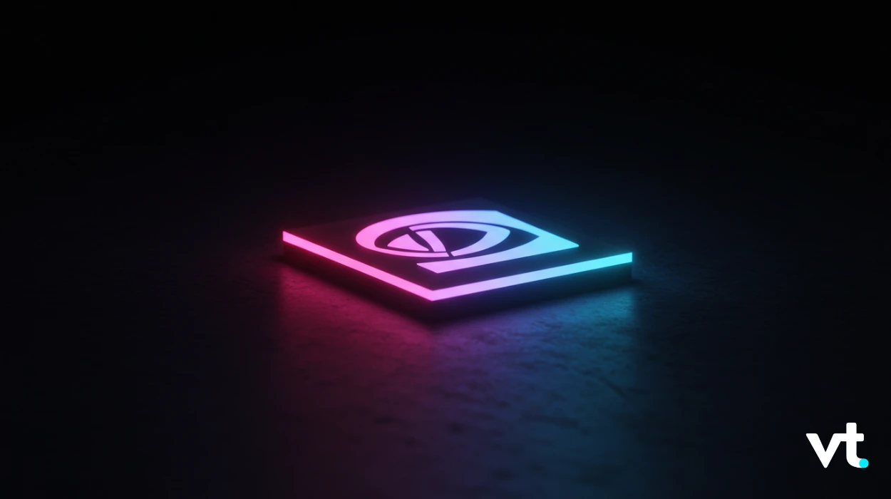 Glowing square plaque on a dark surface with a neon pink-to-blue gradient and a circular emblem in the center, bottom-right watermark visible.