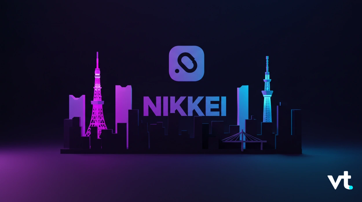 Neon purple-blue city skyline silhouette with the word NIKKEI, an app-like rounded icon above, and a VT logo in the bottom-right corner.