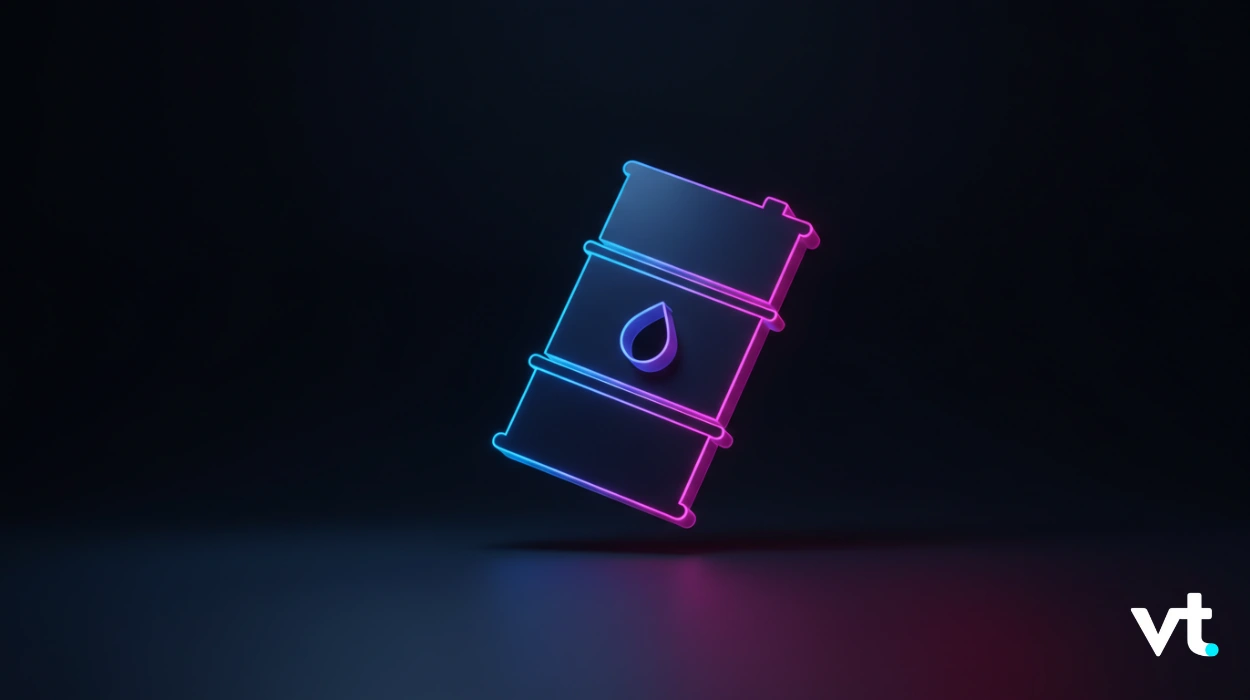 Neon outline of an oil barrel with a droplet symbol, floating above a dark surface (VT logo bottom right).