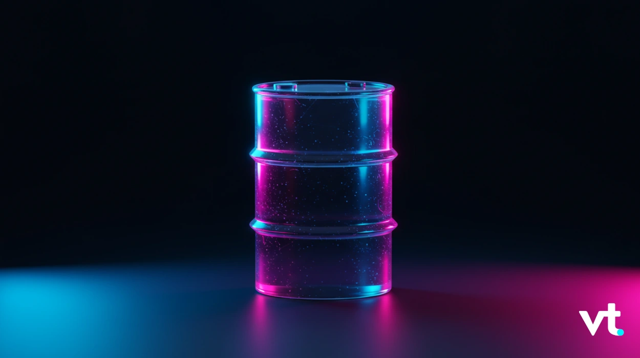 Neon-lit metal oil barrel illuminated pink and blue against a dark background with a VT logo in the bottom-right corner.