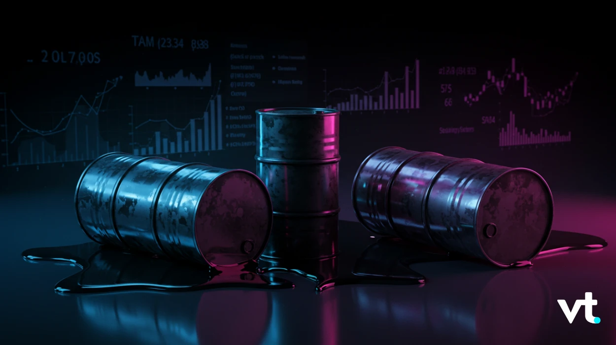 Three oil barrels on a glossy surface with blue and pink neon lighting; stock charts glow in the background; VT logo in the corner?