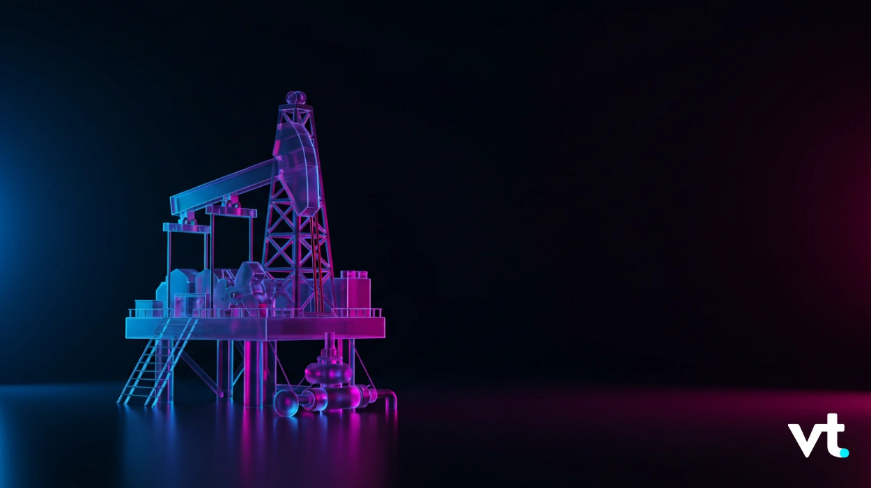 Neon-lit offshore oil rig model on a dark background with blue and magenta lights; VT logo bottom right.