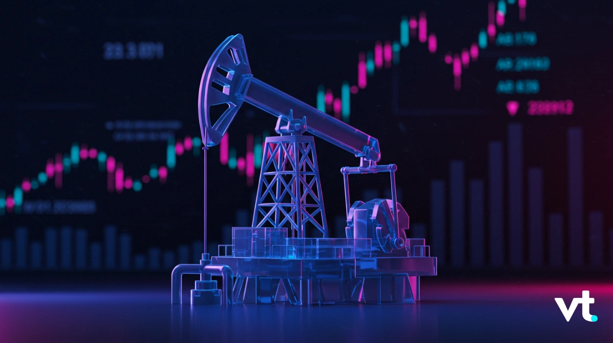 Neon blue oil pump jack with stock market charts in the background, symbolizing energy trading in finance diagrams.