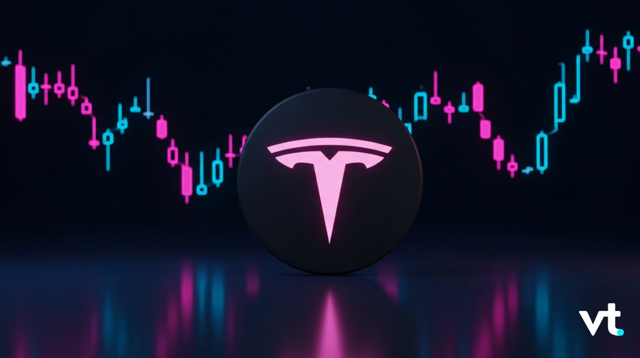 Glossy black token featuring a pink Tesla-like 'T' logo with a neon pink-blue stock chart in the background.