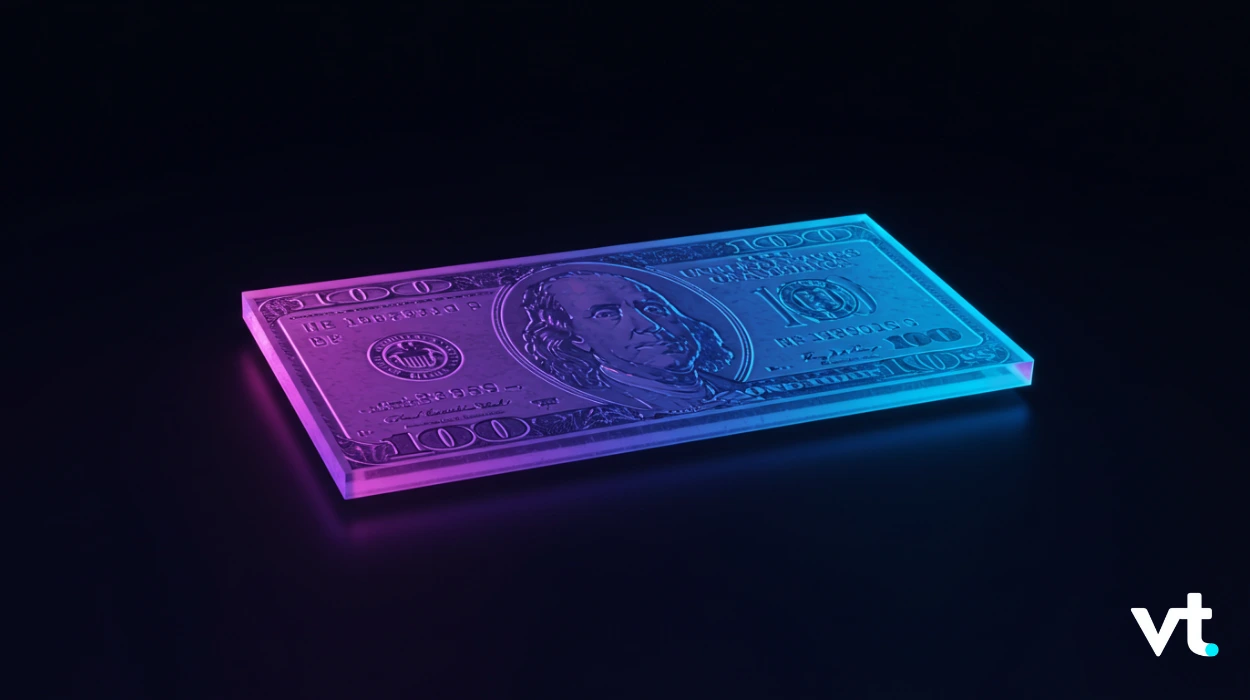 Neon-lit stack of blue-pink hundred-dollar bills on a dark surface, VT logo in the corner.