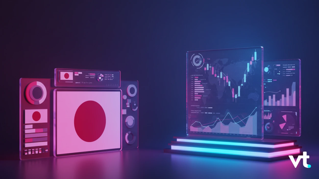 Futuristic data dashboards with charts and a world map on glass panels, neon pink and blue lighting, VT logo in the corner.