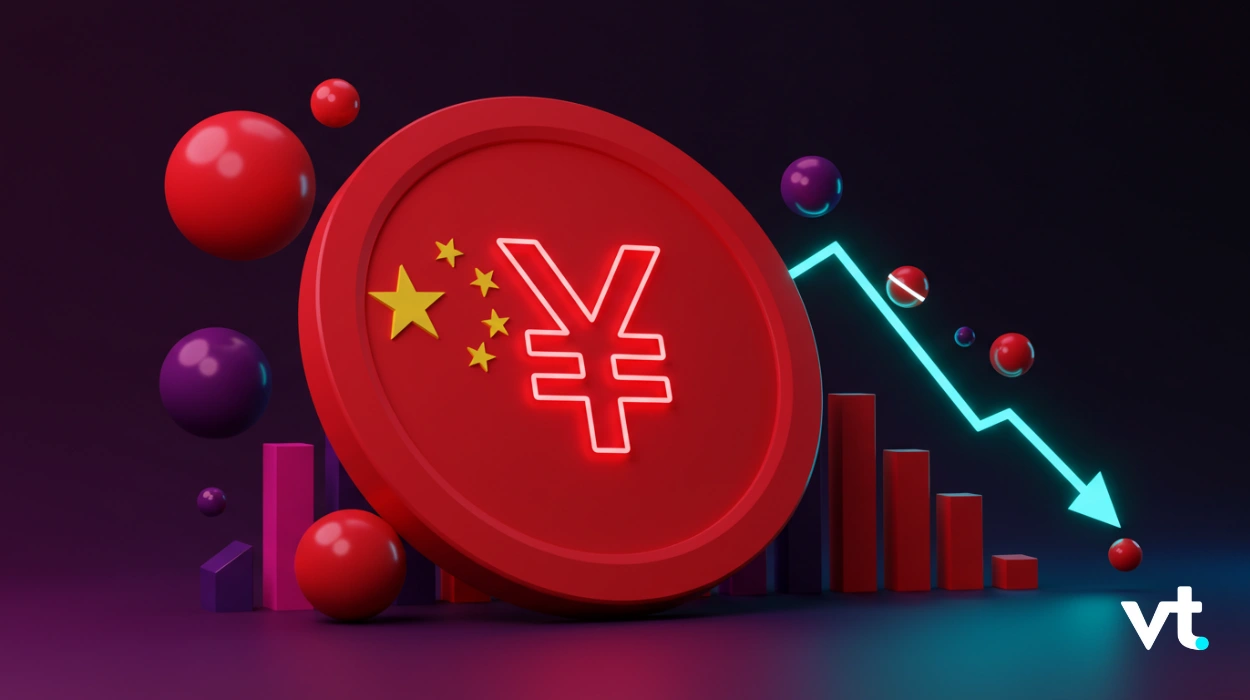 Red neon yuan coin featuring the Chinese flag with a bar chart and a bright downward trend line, implying yuan depreciation.