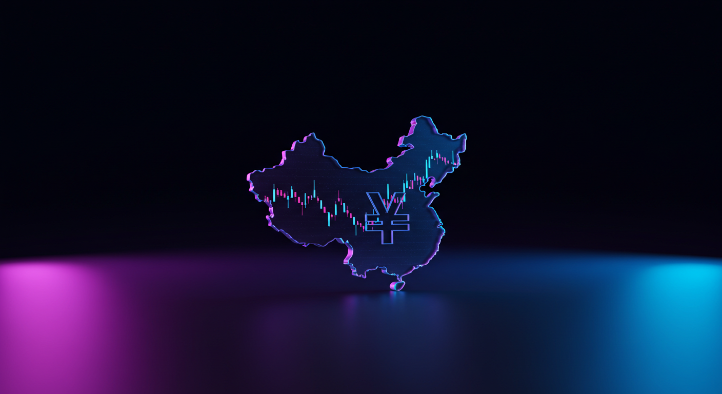 Neon outline of China with a stock chart and yuan symbol, glowing in purple and blue on a dark background