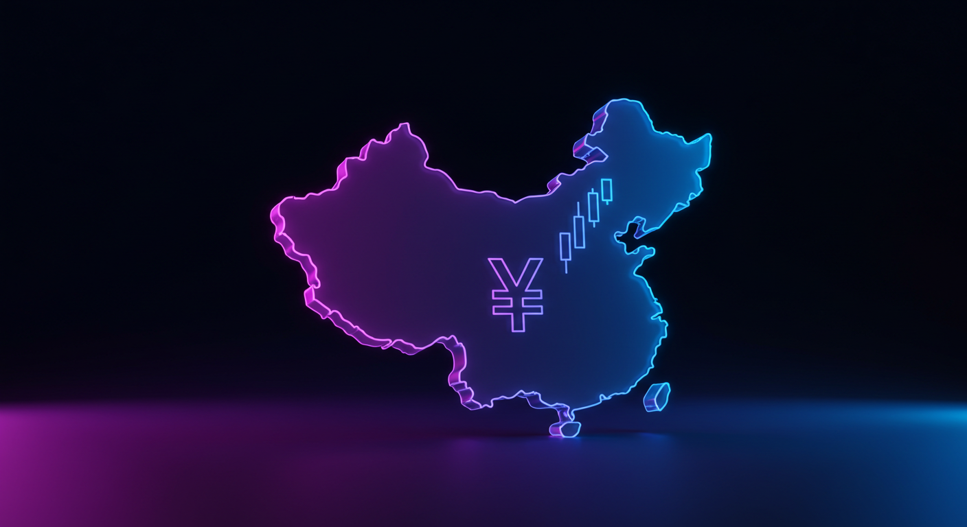 Neon outline map of China with a yuan symbol and stock candlesticks, on a dark gradient background.