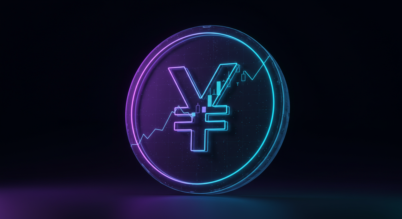 Neon-lit circular coin showing the yen symbol with a rising stock chart inside on a dark gradient background.
