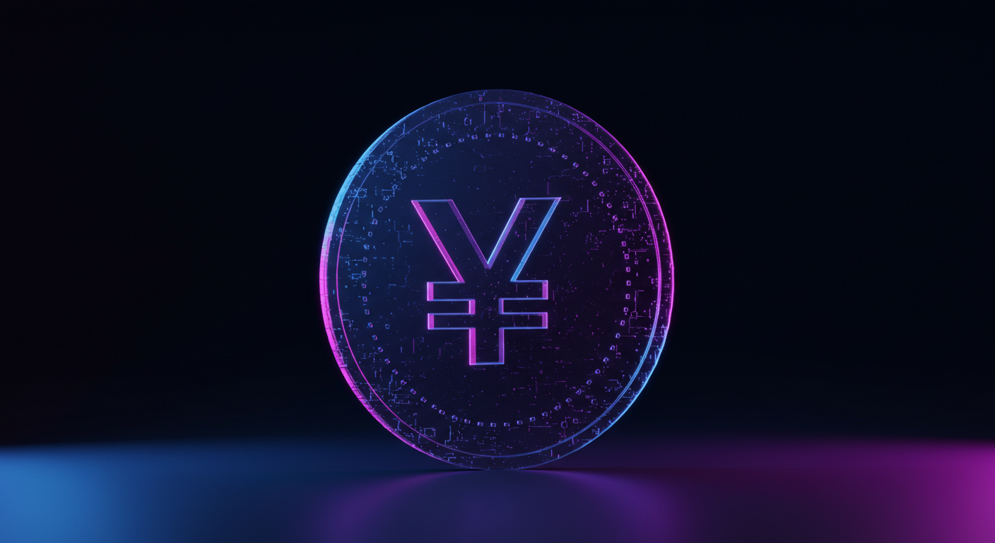 Neon-glowed coin with a Yen symbol glowing in blue and pink on a dark background. The coin sits near a reflective surface with gradient lighting.