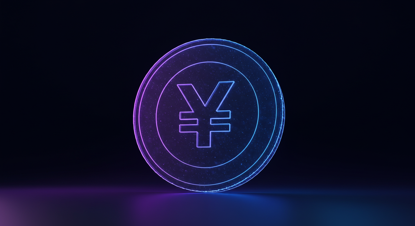 Neon glowing coin with a Yen symbol resting on a dark surface.