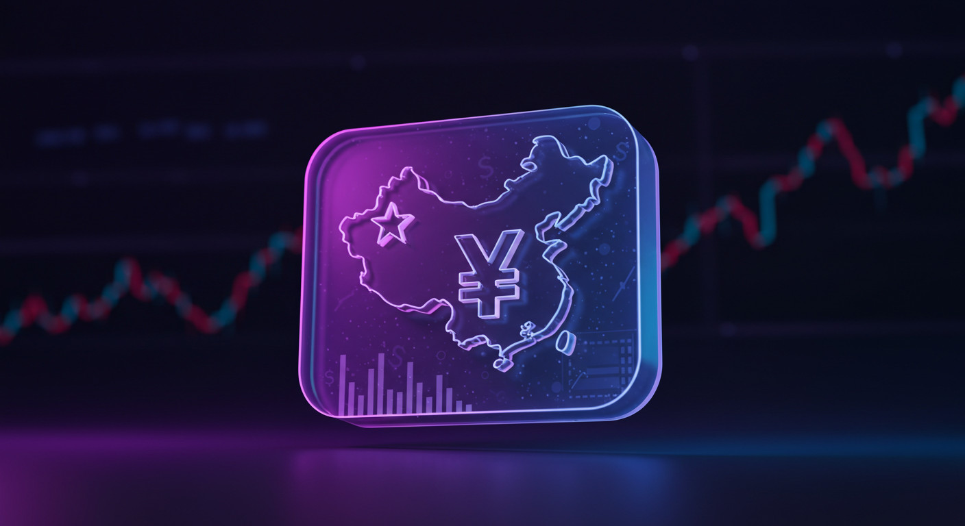 Neon-glow icon showing a map of China with a yuan symbol, a star, and stock-chart elements against a dark financial background.