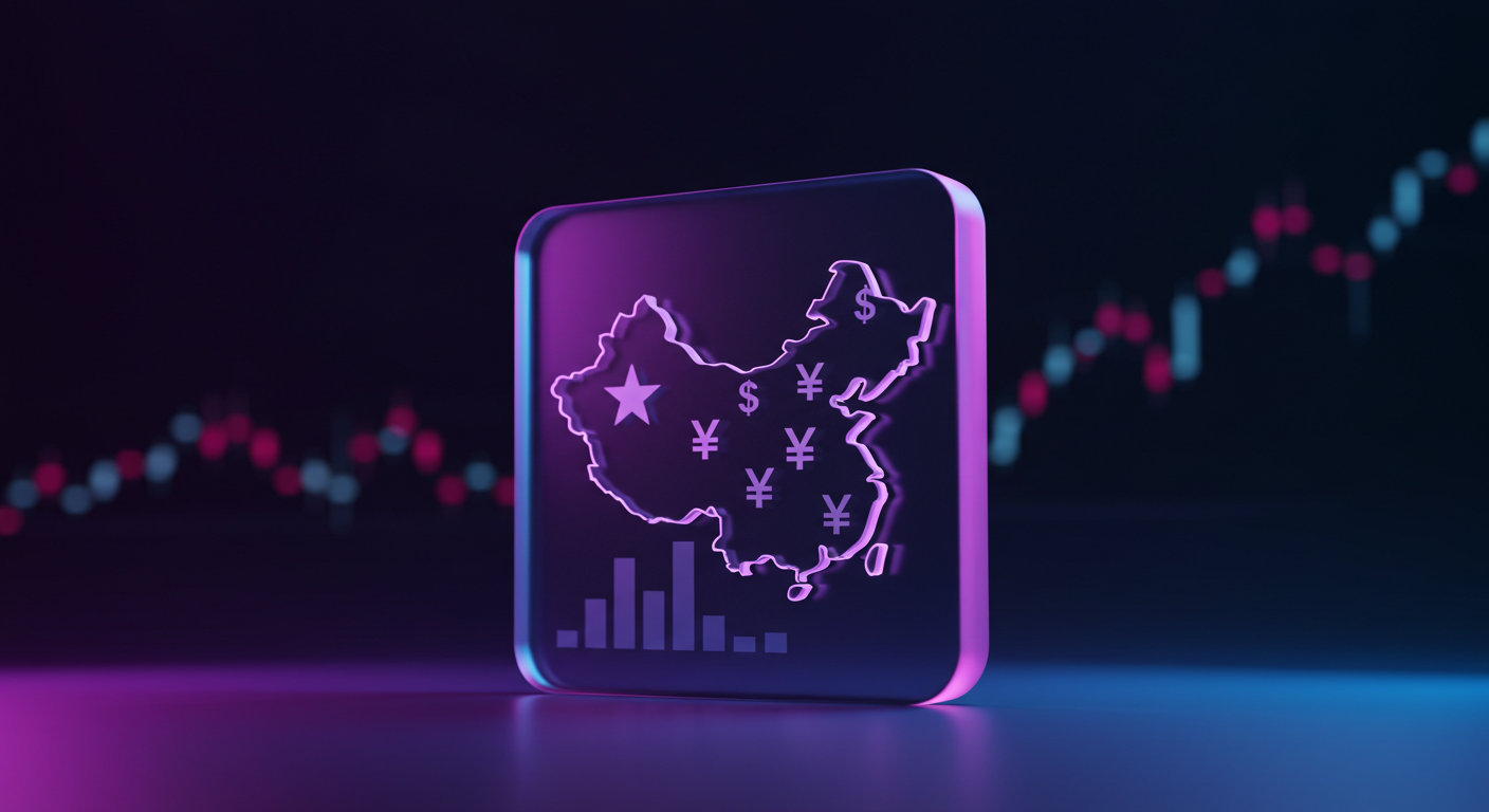 Neon outline of China with currency symbols and a bar chart against a glowing stock market background.