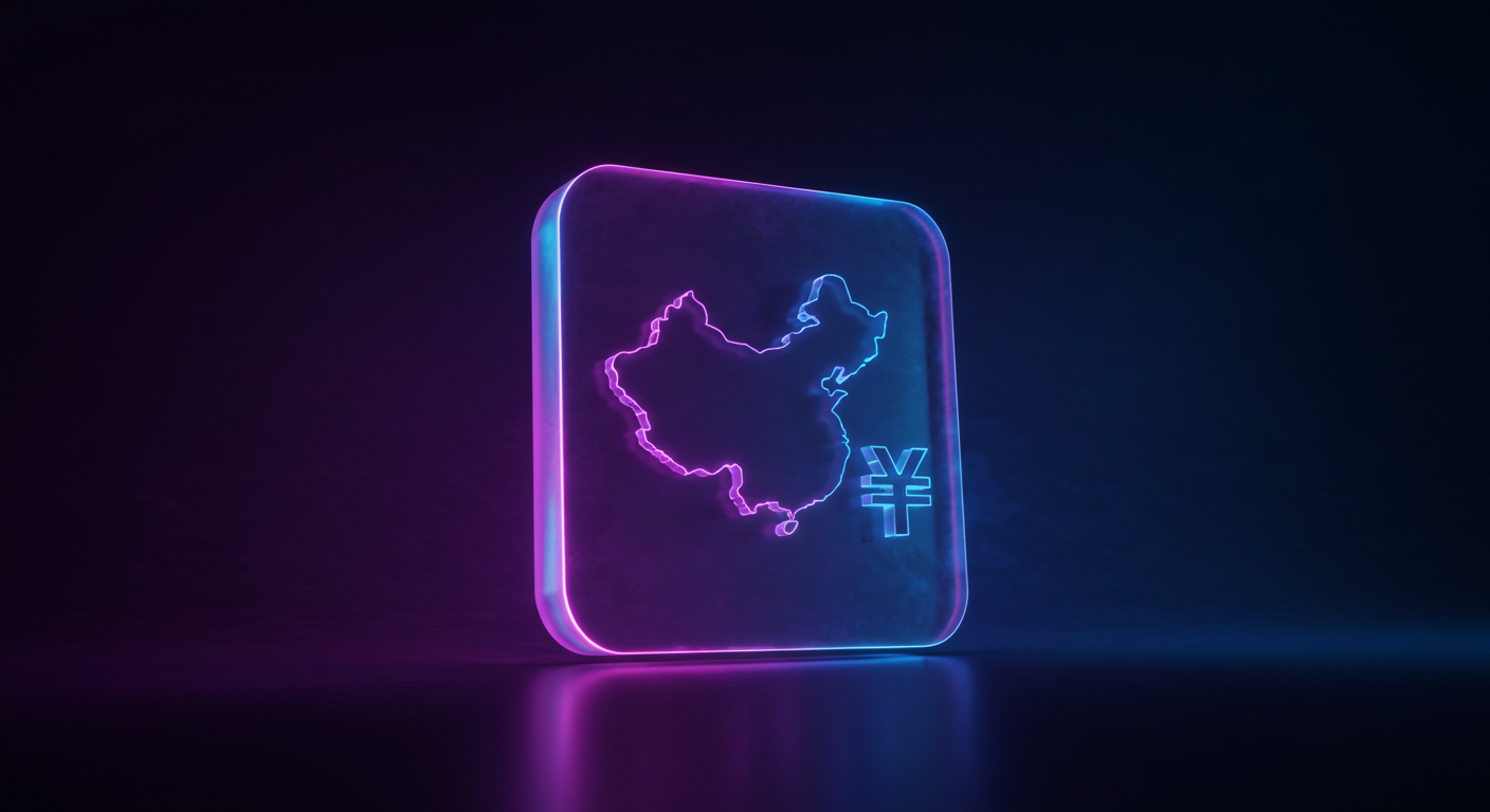 Neon-lit square panel showing a glowing map of China with a yuan symbol beside it against a dark background.