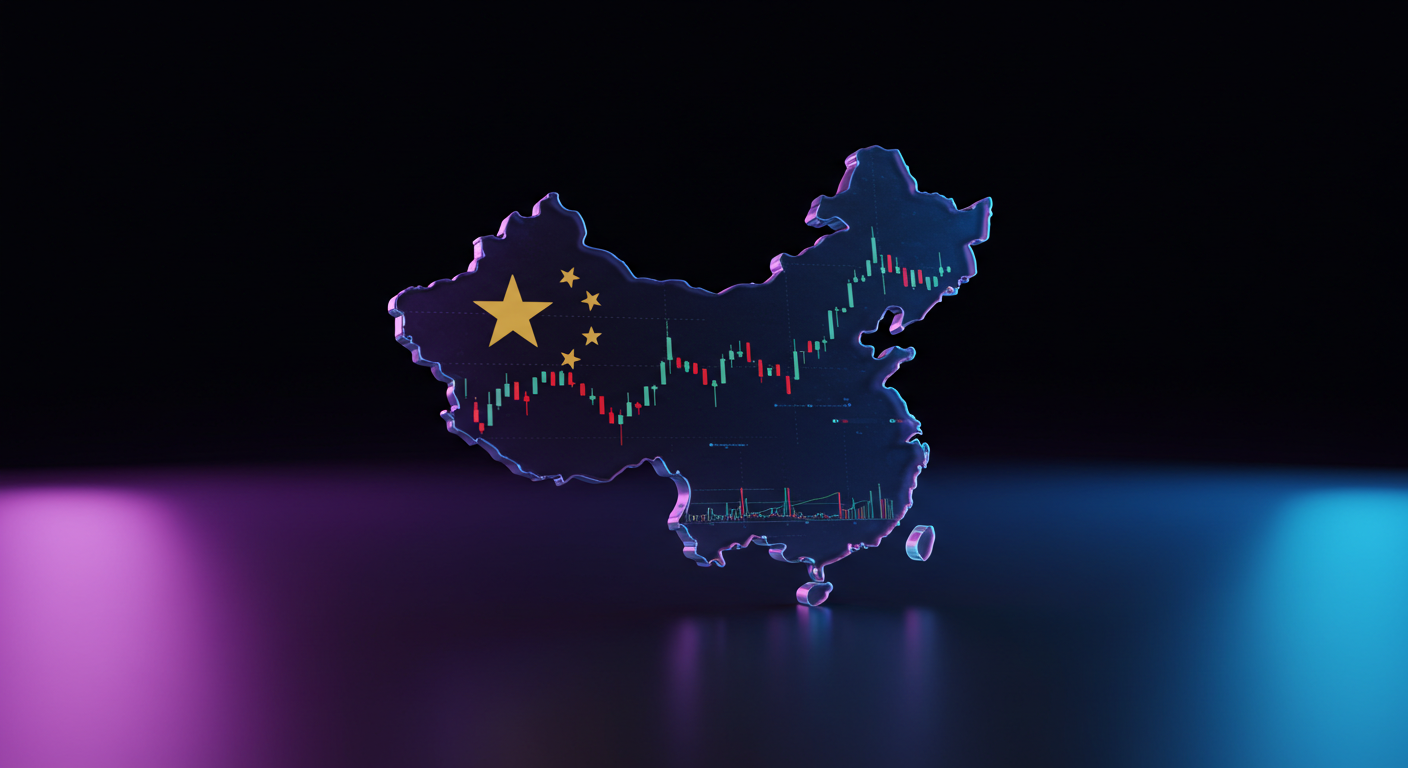 Neon-lit silhouette of China filled with a stock market chart and a large gold star, set against a dark background.