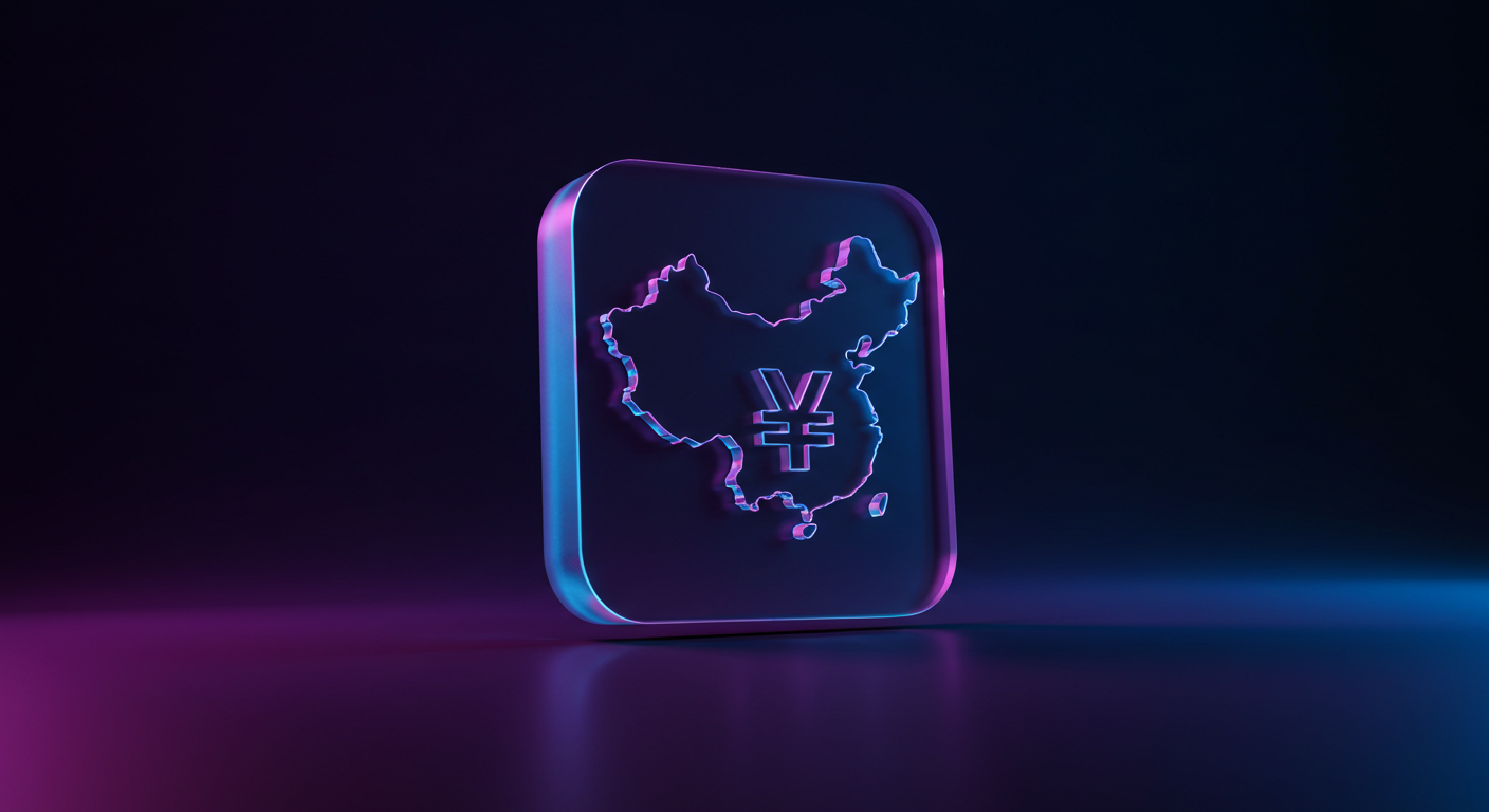 3D neon square icon showing the outline of China with a yuan symbol inside, lit in pink and blue against a dark background.