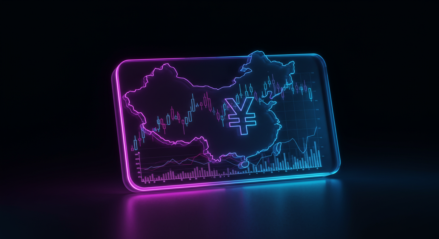 Neon-glow glass panel showing China's map outline with a ¥ symbol, overlaid with stock charts and candles in pink and blue lighting.