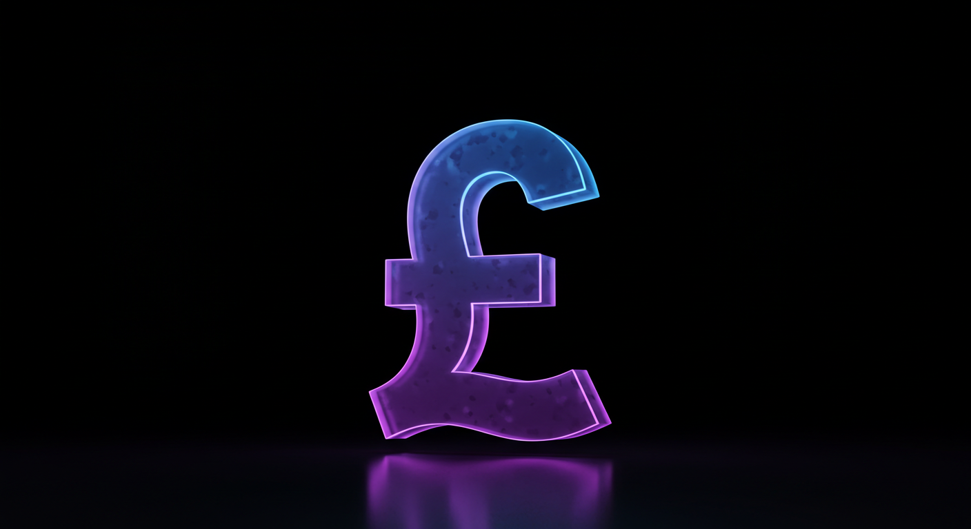 Neon-lit British pound symbol (£) in blue and purple, glowing on a dark background.
