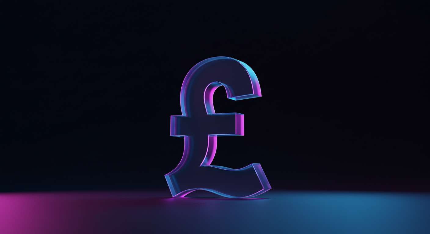 3D neon Euro (€) symbol glowing in purple and blue against a dark background on a glossy surface.