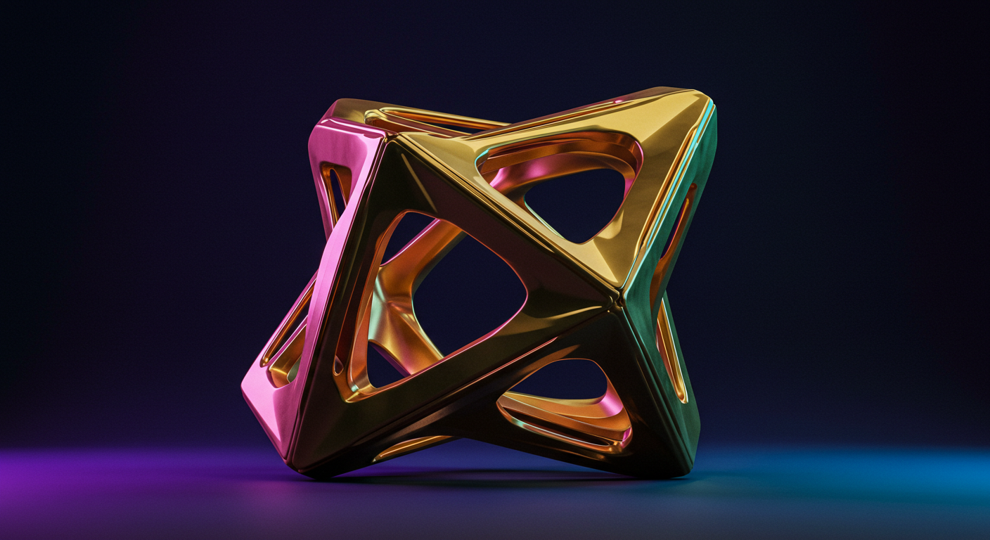 Abstract metallic sculpture with interlocking triangular frames in gold, pink, and teal on a dark gradient background, illuminated by colorful lighting.