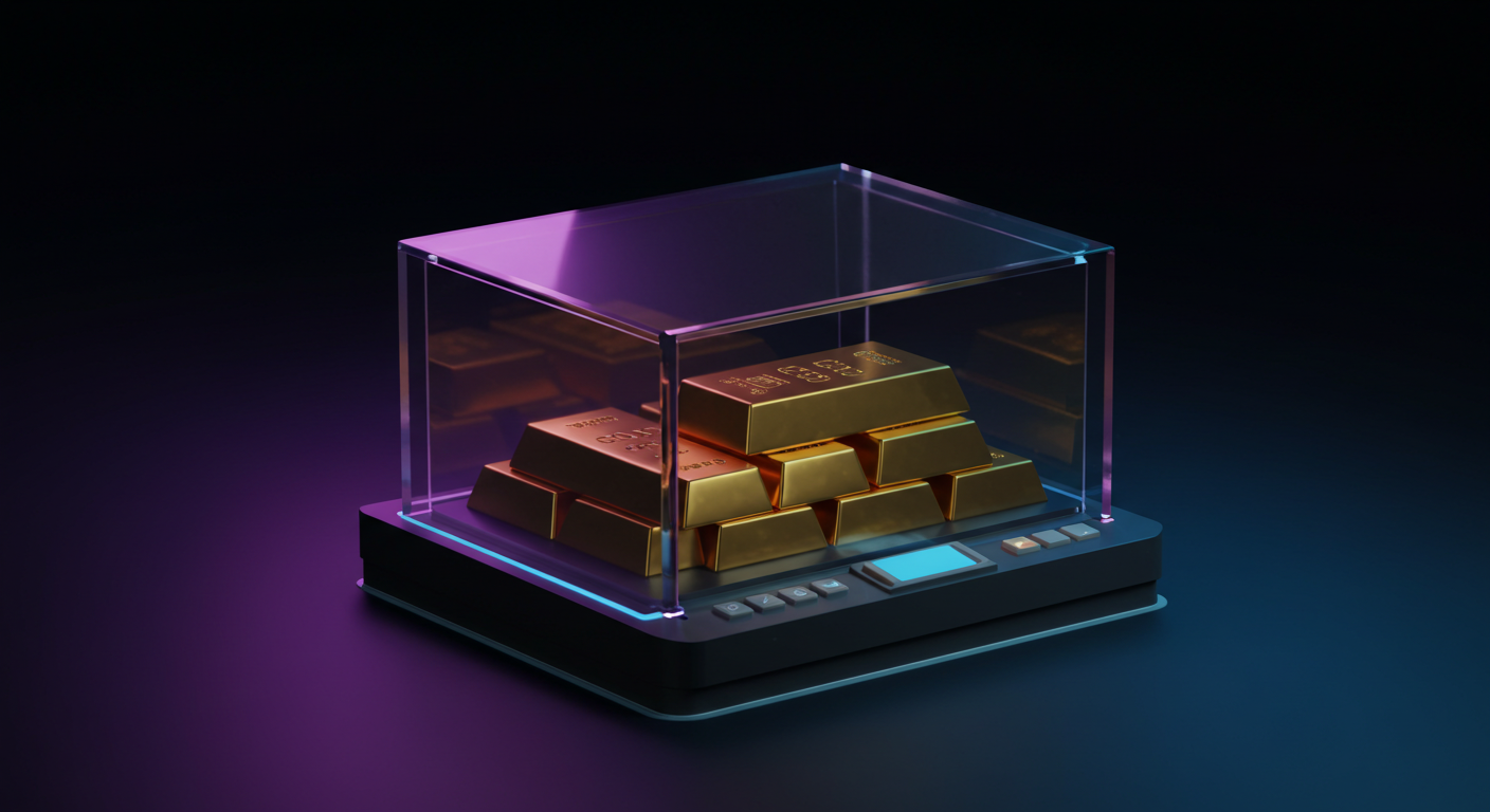 Gold bars stacked in a glass display case atop a digital scale with purple-blue neon lighting in a dark setting.