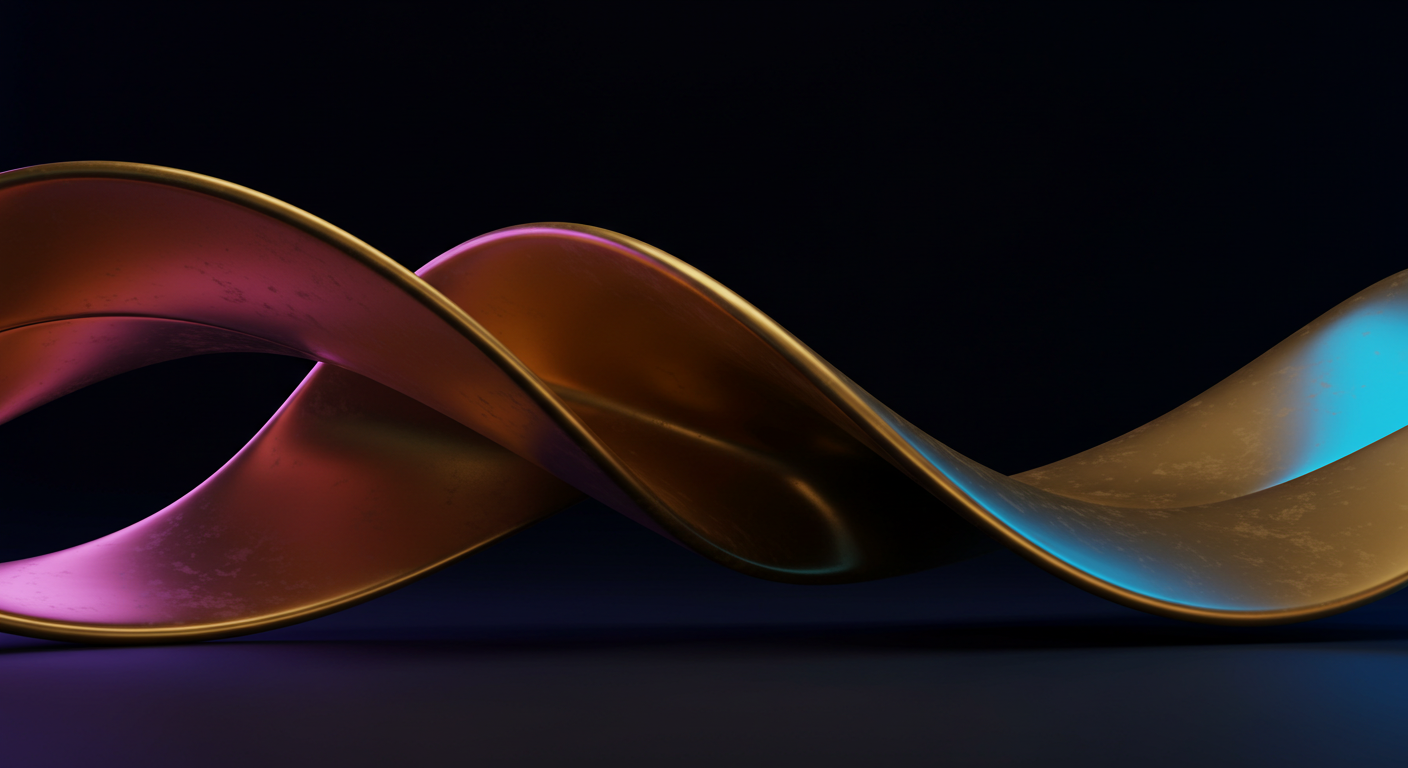Abstract metallic ribbons in pink, purple, gold and blue twisting across a dark background.