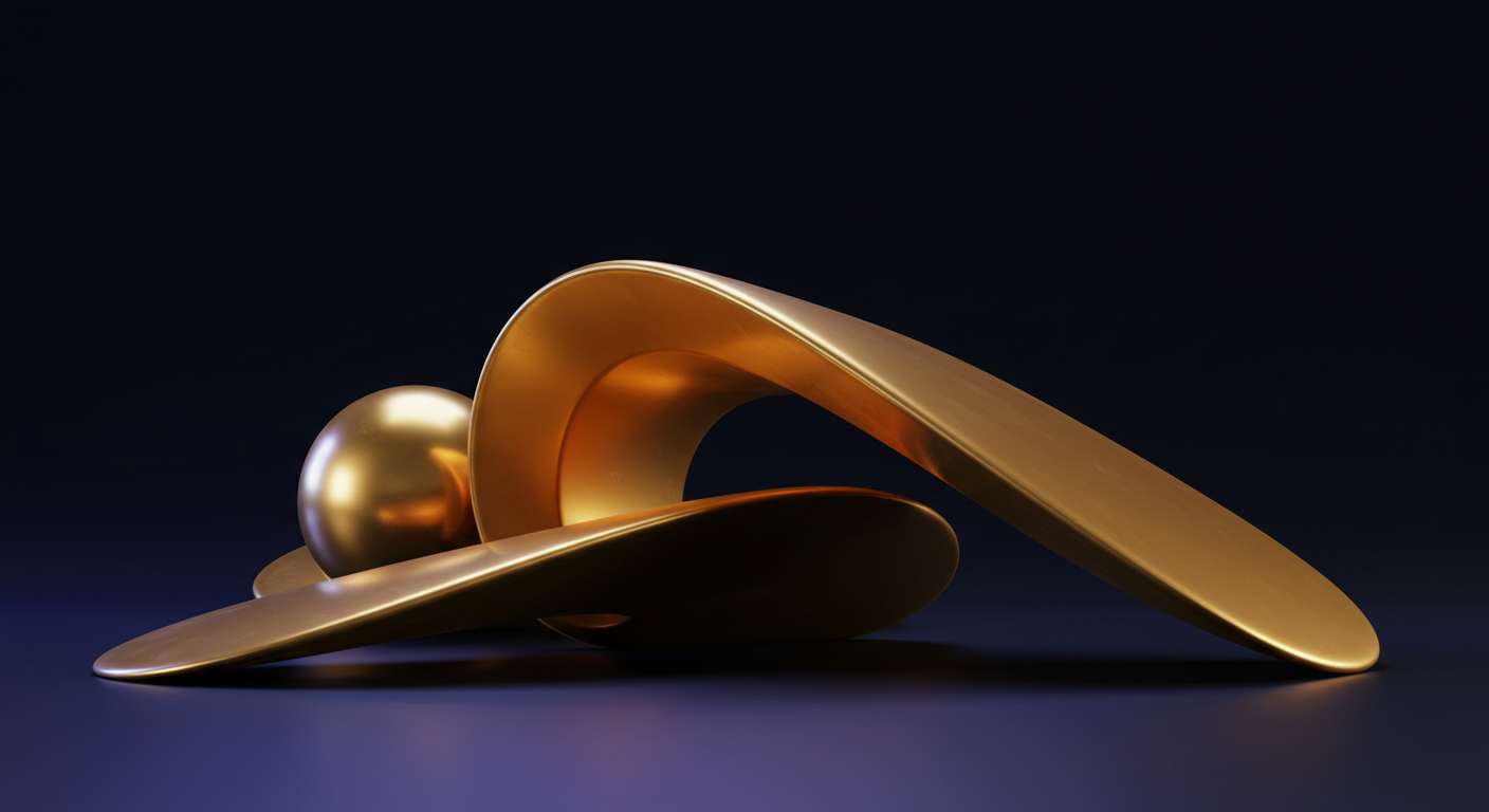 Abstract golden sculpture with overlapping loops and a sphere on a dark blue gradient background.